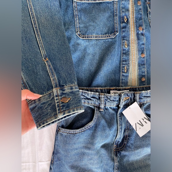 Zara set Long front Slit Denim High waist Skirt & Jacket Indigo Dark Blue S NWT - Picture 11 of 16